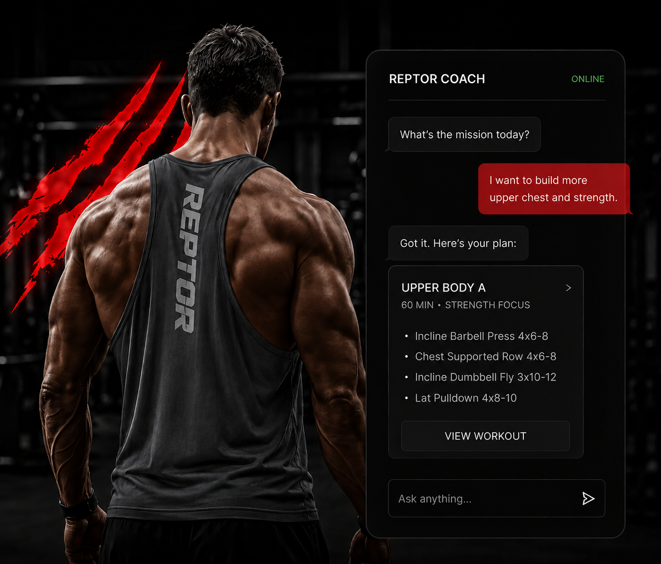 REPTOR Coach generating an upper body workout plan in chat