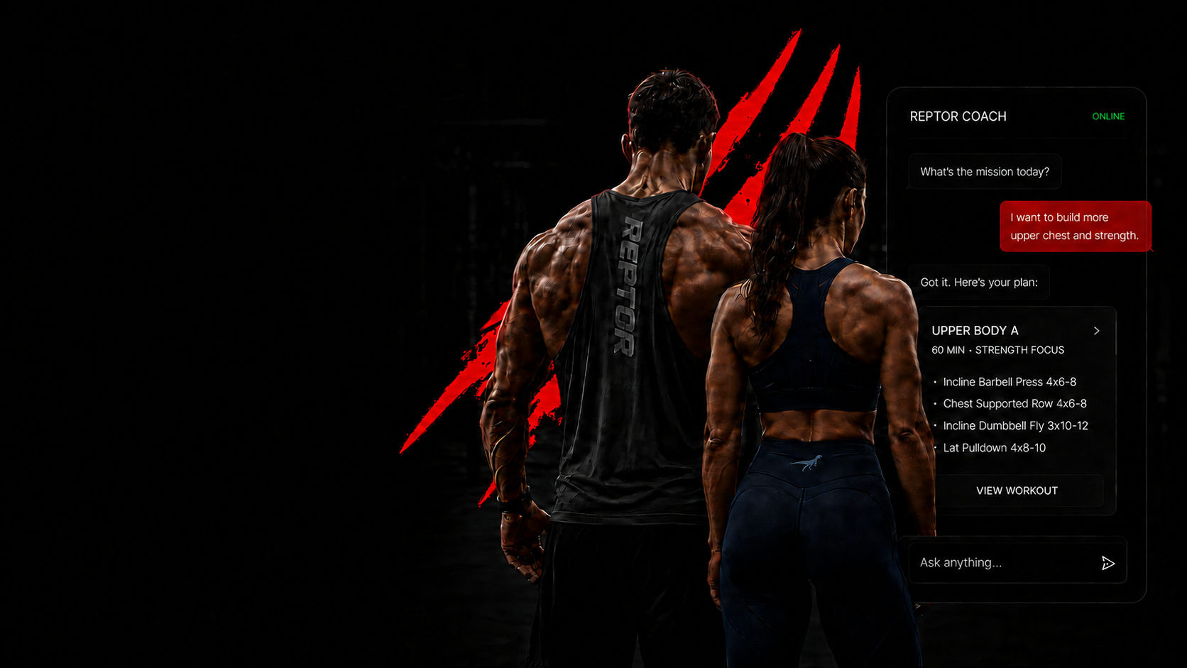 REPTOR OS hero: two athletes in a dark gym with red claw marks and the REPTOR Coach interface