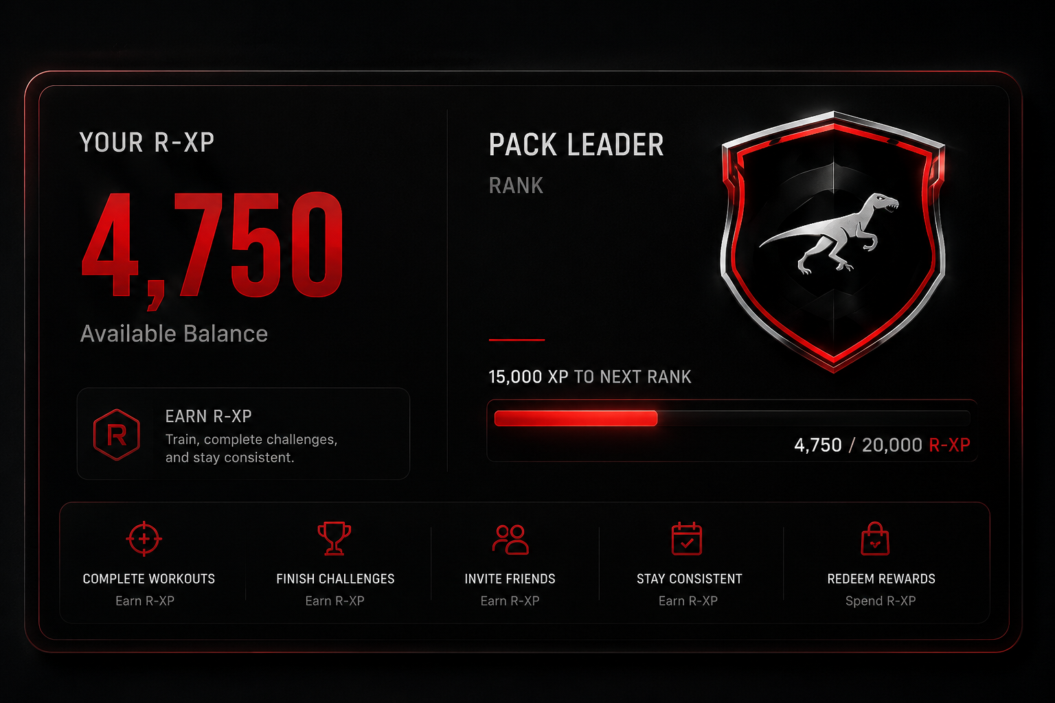 R-XP dashboard showing your balance, rank, and reward progress